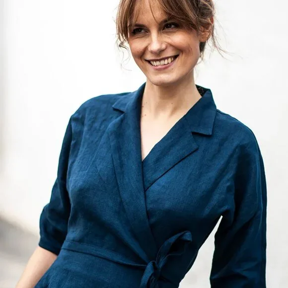 Black Linen Midi A-Line Wrap Dress by LinenHandmadeStudio - Picture 3 of 4